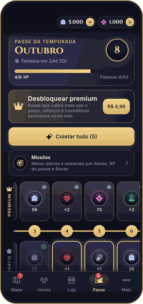 A aba Passe: o passe da temporada de outubro no patamar 8, a linha de Missões e as trilhas de recompensas grátis e premium.